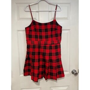 Red Black Buffalo Plaid Romper Mini Dress‎ H&M Divided Strappy Sleeveless Size L